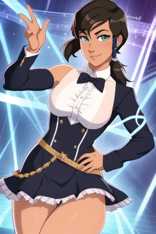 The image is of a young woman, likely in her early 20s. She has light brown skin and dark brown hair that is styled in a bob with bangs. Her eyes are a light green color and she has long, black eyelashes. She is wearing a white button-down shirt with a black bow tie and a black skirt with a white underskirt. The skirt is high-waisted and has a fitted silhouette. She is also wearing black boots with white soles. The woman is standing in a confident pose with one hand on her hip and the other raised in the air. She has a slight smile on her face and is looking at the viewer. The background is a light blue color with a white spotlight shining down on the woman.