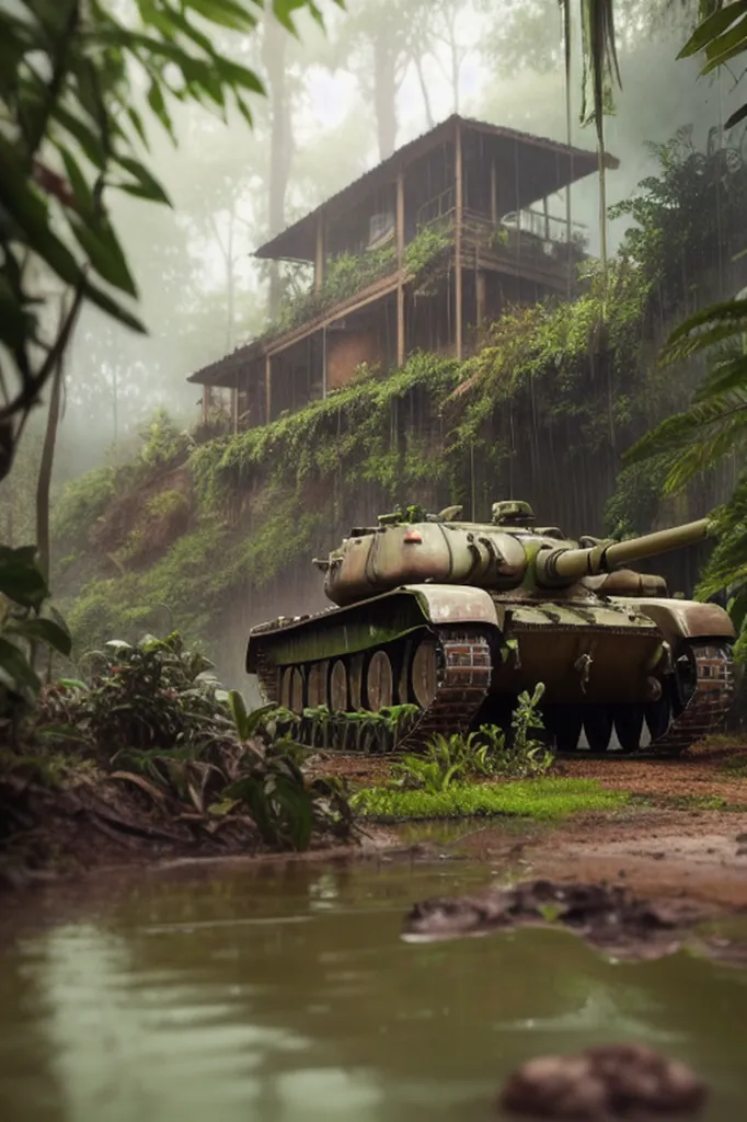 A green tank is parked in a lush jungle. The tank is surrounded by trees and plants. There is a house on top of the cliff. The house is made of wood and has a thatched roof. The tank is pointing its gun at the house.