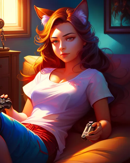 The image is of a young woman with cat ears sitting on a couch and playing video games. She has long, wavy brown hair and brown eyes. She is wearing a white t-shirt and blue and red striped shorts. She is holding a controller in each hand and looking at the screen. There is a window to her right and a lamp on the table behind her.