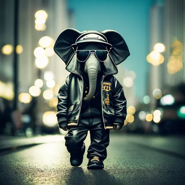 The image shows a  photorealistic 3D rendering of an elephant dressed in a black leather jacket, sunglasses, and a cap. The elephant is walking down a city street with a confident expression on its face. The background is blurred and out of focus, with a few lights visible in the distance. The elephant is wearing a black leather jacket with a white t-shirt underneath. The jacket has a hood and the elephant is wearing a black cap. The elephant is also wearing sunglasses and has a gold chain around its neck. The elephant is walking with its left foot forward and its right foot back. Its tail is swinging behind it. The elephant is looking straight ahead with a confident expression on its face. The image is rendered in a realistic style and the elephant's fur, skin, and clothing are all rendered in great detail.