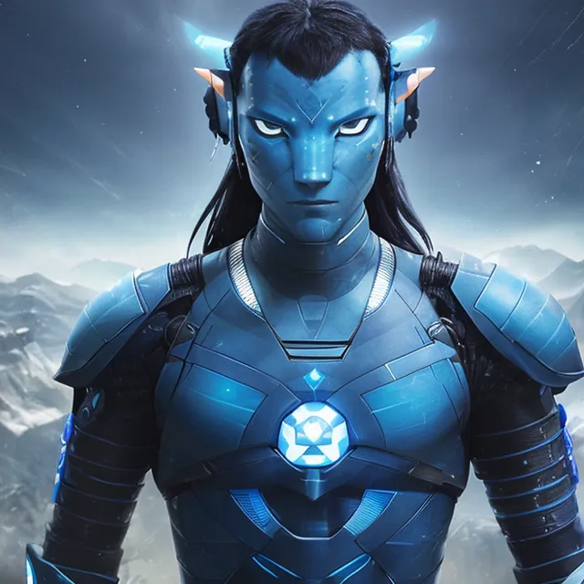 The image shows a blue-skinned humanoid wearing a blue and gray armor with glowing yellow markings. The character has long black hair with blue streaks and pointed ears. The character's eyes are a glowing yellow and they have a determined expression on their face. They are standing in a snowy landscape with mountains in the background.