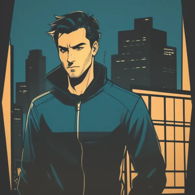 A man in a blue tracksuit is standing on a rooftop, looking out over a city. He has dark hair and blue eyes, and he is wearing a determined expression on his face. He is wearing a black T-shirt and blue sweatpants with a white stripe down the side. The city is in the background, and it is made up of tall buildings and skyscrapers. The sky is dark, and there are clouds in the distance.