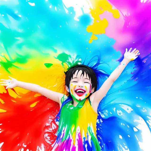 A young child is covered in bright, rainbow-colored paint. They are smiling and have their arms outstretched. The paint is dripping off of their body and onto the ground. The background is a solid white. The child is wearing a sleeveless shirt and has short black hair. Their eyes are closed and they have a carefree expression on their face. The image is full of joy and happiness.
