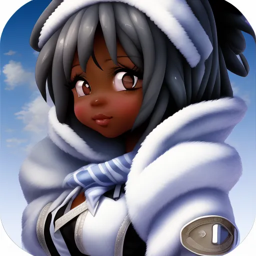 The image is a headshot of a young woman with dark brown skin and grey hair. She is wearing a white and blue winter coat with a fur collar. The coat is trimmed with blue and white stripes. She has a small blue hat on her head. The hat has a white pom-pom on the top. The woman's eyes are dark brown and she has long, black eyelashes. Her lips are full and pink. She is looking at the viewer with a slightly shy expression. The background is a pale blue sky with white clouds.
