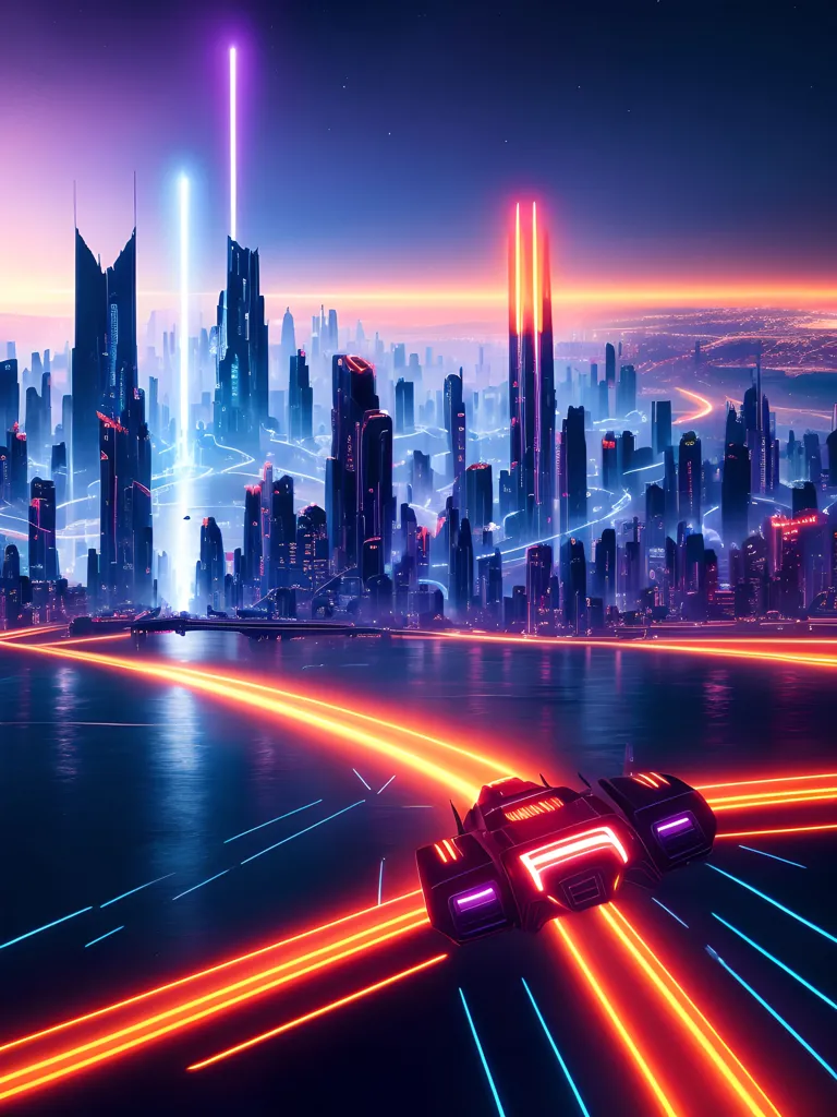 The image is a digital painting of a futuristic city. The city is depicted as a vast, sprawling metropolis with towering skyscrapers and a complex network of highways and bridges. The sky is dark and there are no visible stars or moon. The only light comes from the city's neon lights and the headlights of the cars that are speeding through the streets.

The city is divided into two distinct sections. The upper section is home to the wealthy and powerful, and it is characterized by its tall skyscrapers and luxurious mansions. The lower section is home to the working class, and it is characterized by its crowded streets and rundown buildings.

The image is full of details that create a sense of realism. For example, the cars are all depicted as sleek and futuristic, and the buildings are all unique and interesting. The image also has a strong sense of atmosphere, and it is easy to imagine what it would be like to live in this city.

Overall, the image is a beautiful and thought-provoking piece of art that offers a glimpse into a possible future.
