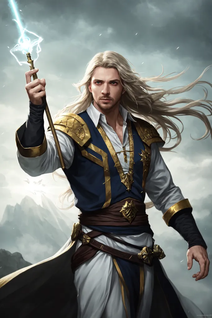 The image is of a man with long blond hair and blue eyes. He is wearing a white shirt with a blue vest and brown belt. He is also wearing a gold necklace and has a gold staff in his hand. He is standing in front of a mountainous landscape with a stormy sky.