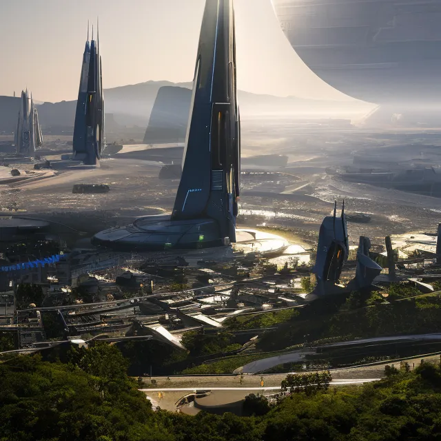The image shows a futuristic city with tall buildings and a large moon in the background. The city is built on a desert planet and is surrounded by mountains. The buildings are made of metal and glass and have a sleek, modern design. The city is divided into several districts, each with its own unique architecture. The city is home to a variety of different species, including humans, aliens, and robots. The city is a bustling metropolis and is full of life and activity.