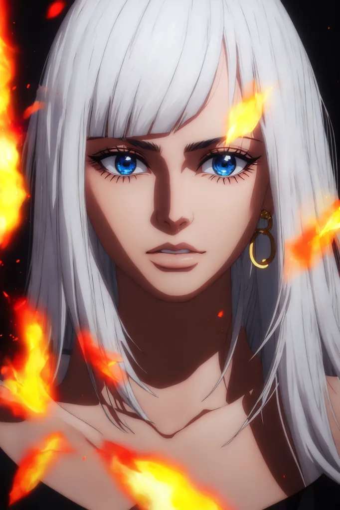 The image is a portrait of a young woman with long white hair and blue eyes. She has a serious expression on her face. She is wearing a black dress with a low neckline. There are flames on both sides of her head. The background is black.