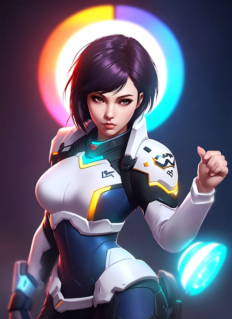 This is an image of a young woman with short purple hair. She is wearing a futuristic white and blue suit of armor. The suit has yellow and blue highlights. She is standing in front of a blue and orange background. She has a serious expression on her face and is looking at the viewer.