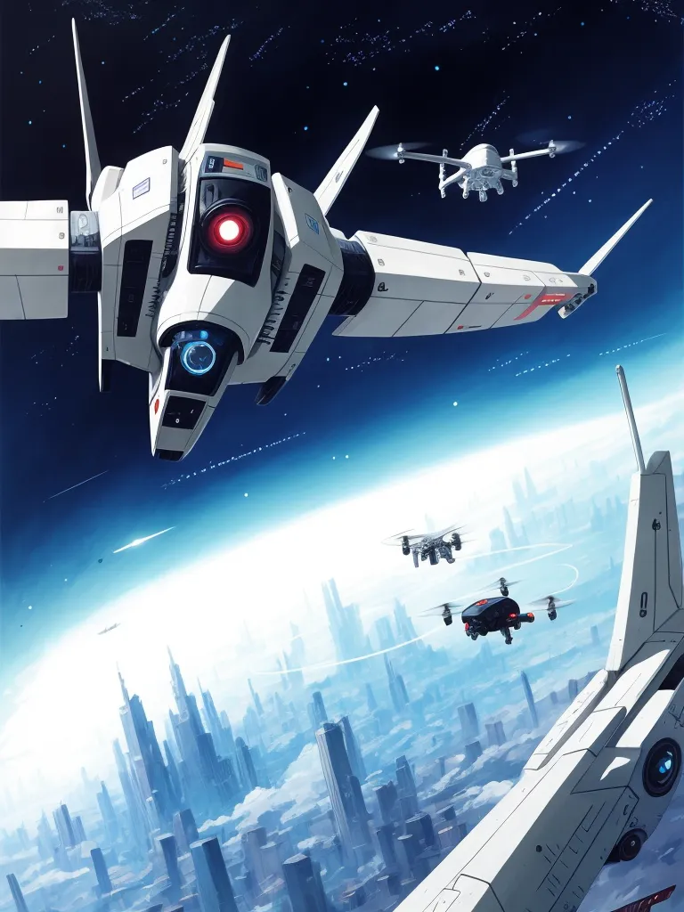 The image is a digital painting of a futuristic cityscape. The city is depicted as being very large and sprawling, with tall skyscrapers and a variety of flying vehicles. The sky is dark and there are stars and a crescent moon in the background. In the foreground, a large white spaceship is flying towards the viewer. The spaceship is sleek and has a variety of weapons mounted on it. It is being pursued by two smaller, black drones. The drones are also armed with weapons. The painting is very detailed and realistic. The artist has used a variety of techniques to create a sense of depth and atmosphere. The overall effect is one of excitement and suspense.