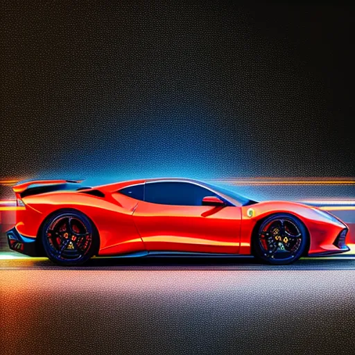 A red Ferrari sports car is shown in the picture. The automobile has a sleek design and is low to the ground. The car's wheels are black and have a unique design. The automobile has a spoiler on the back and a Ferrari emblem on the hood. The automobile is moving quickly and is surrounded by a blur of motion. The automobile is lit by bright lights, which are reflecting off of its surface.