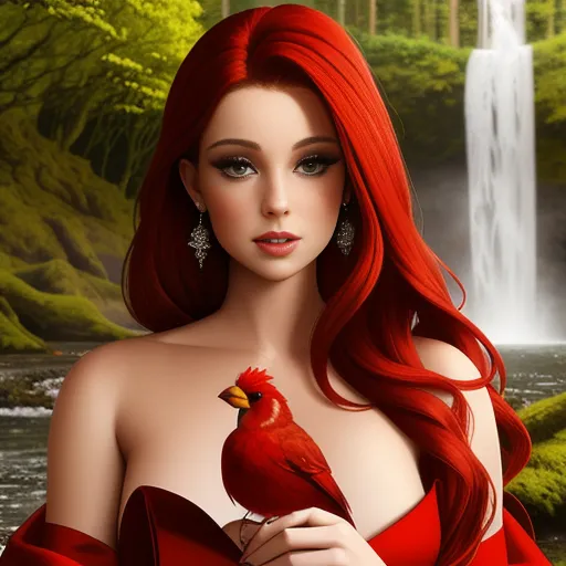 The image is a portrait of a beautiful woman with long, flowing red hair. She is wearing a red dress with a sweetheart neckline and is standing in front of a waterfall. The woman has a serene expression on her face and is looking at a red bird that is perched on her hand. The bird is looking at her with its head cocked to one side. The background of the image is a lush green forest with a waterfall in the distance.