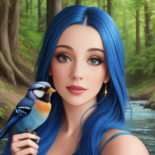 The image is a portrait of a beautiful young woman with long, flowing blue hair. She is standing in a forest, and there is a small blue bird perched on her finger. The woman is wearing a simple blue dress, and she has a serene expression on her face. The background of the image is a blur of green trees, and there is a small stream running through the foreground.