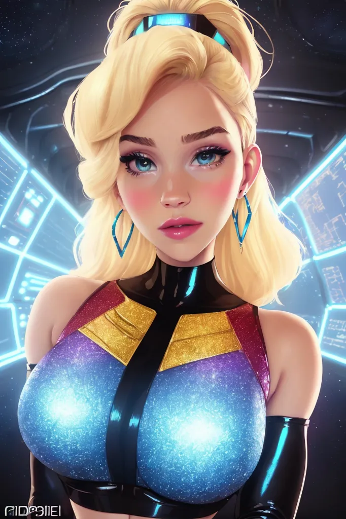 The image is a digital painting of a young woman with long, flowing blonde hair with blue eyes and a warm smile. She is wearing a blue and purple outfit with a yellow collar. The background is a dark blue with a glowing blue light on the left side of the image. The woman is standing in a confident pose, with her shoulders back and her head held high. She is looking at the viewer with a slight smile on her face. The image is both beautiful and inspiring, and it captures the viewer's attention with its vibrant colors and dynamic pose.