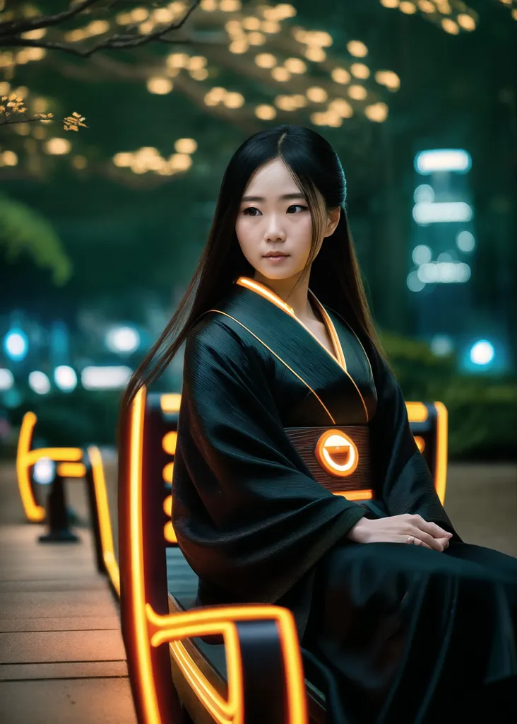 The image is a portrait of a young woman in a black kimono with orange accents. She is sitting on a bench in a park at night. The background is blurry and consists of bokeh lights. The woman is looking at the camera with a serene expression on her face. She has long black hair and orange eyeshadow. Her lips are slightly parted. The image is warm and inviting.