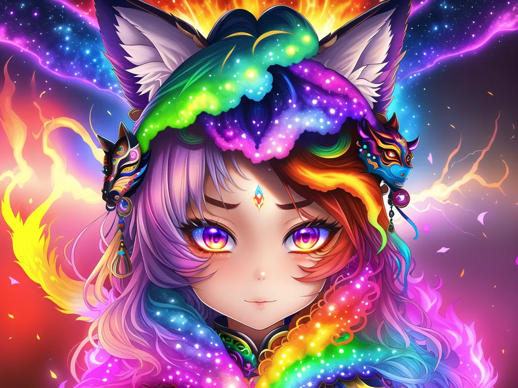 The image is a depiction of a kitsune, a Japanese fox spirit. The kitsune is depicted as a young woman with long, flowing hair and fox ears. Her hair is a gradient of purple, blue, and pink, and her eyes are a deep purple. She is wearing a traditional Japanese kimono, and she has a fox mask on her head. The background is a swirling vortex of color, and there are several small, glowing orbs of light floating around the kitsune. The image is very detailed, and the artist has used a variety of techniques to create a sense of depth and realism.