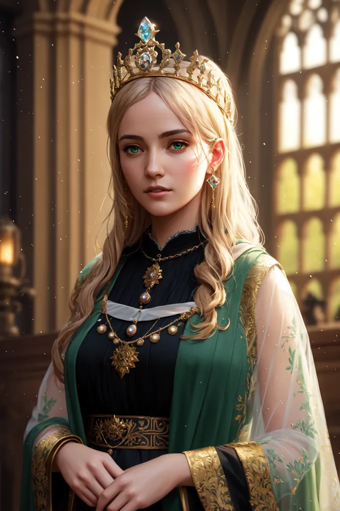 The image shows a young woman with long, flowing blonde hair. She is wearing a green dress with a gold and white overdress. The dress has a sweetheart neckline and is trimmed with fur. She is also wearing a gold crown and a necklace with a large green pendant. The woman is standing in a grand hall, with a stone floor and arched windows. There is a large fireplace behind her and a suit of armor standing in the corner.