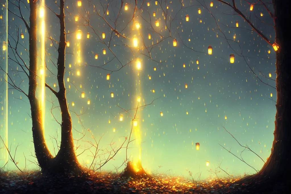 A imagem é uma bela representação de uma floresta à noite. As árvores são altas e majestosas, e os ramos estão nus. As folhas são de um laranja profundo e estão caindo das árvores. O chão está coberto de folhas. Há um rio correndo pela floresta, e ele está refletindo a luz da lua. Há também várias lanternas penduradas nas árvores. As lanternas são feitas de vidro e brilham com uma luz suave. A luz das lanternas está criando uma atmosfera mágica na floresta.
