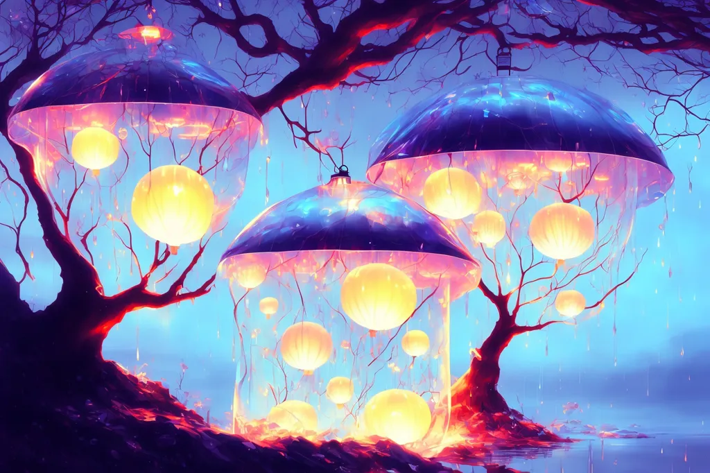 L'image est une représentation surréaliste et fantaisiste d'une forêt. Les arbres sont grands et ont des branches nouées, et ils sont recouverts de champignons luminescents. Les champignons sont de tailles et de couleurs variées, et ils émettent une douce lumière. Le sol de la forêt est recouvert d'une épaisse couche de mousse, et il y a une rivière qui traverse le milieu de la forêt. L'eau de la rivière est d'une limpidité cristalline. Il y a un gros rocher au milieu de la rivière, et il y a une petite cascade sur un côté du rocher. Le ciel est d'un bleu profond, et il y a quelques étoiles scintillantes dans le lointain. L'atmosphère générale de l'image est celle de la paix et de la tranquillité.