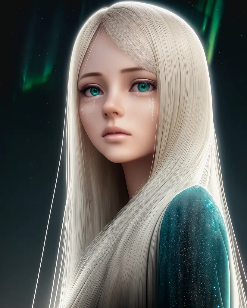 The image is a portrait of a beautiful young woman with long, flowing white hair and green eyes. She is wearing a blue dress with a white collar. The background is a dark blue night sky with bright, swirling green and blue lights. The woman's expression is one of sadness and longing. She seems to be lost in thought, perhaps about a loved one who is far away or has passed away. The image is very detailed and realistic. The woman's skin is smooth and flawless, and her hair is soft and silky. The colors are vibrant and lifelike. The image is a beautiful and moving portrait of a young woman who is lost in thought.