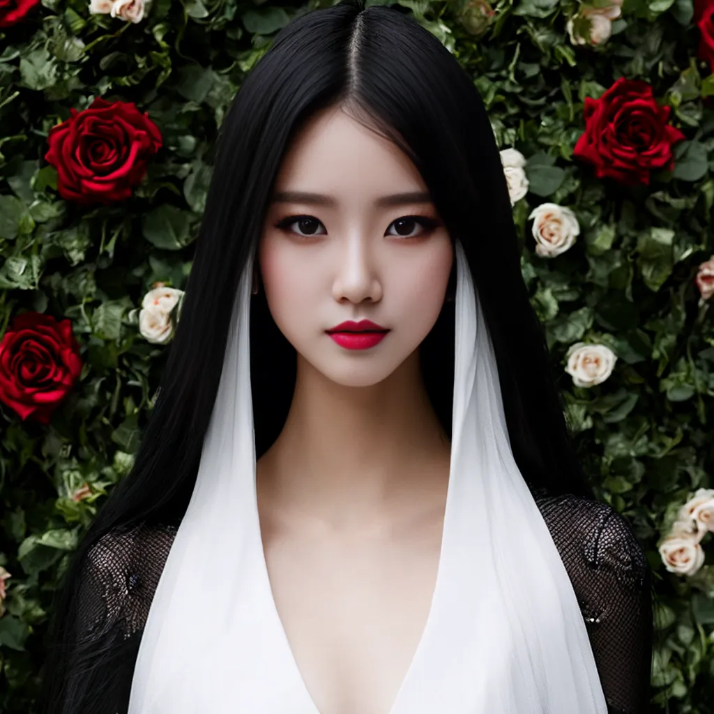 A young woman with long black hair and red lipstick is standing in front of a wall of red and white roses. She is wearing a white dress with a plunging neckline and a black lace overlay. Her hair is parted in the middle and her eyes are slightly downcast. She is wearing a serious expression on her face.