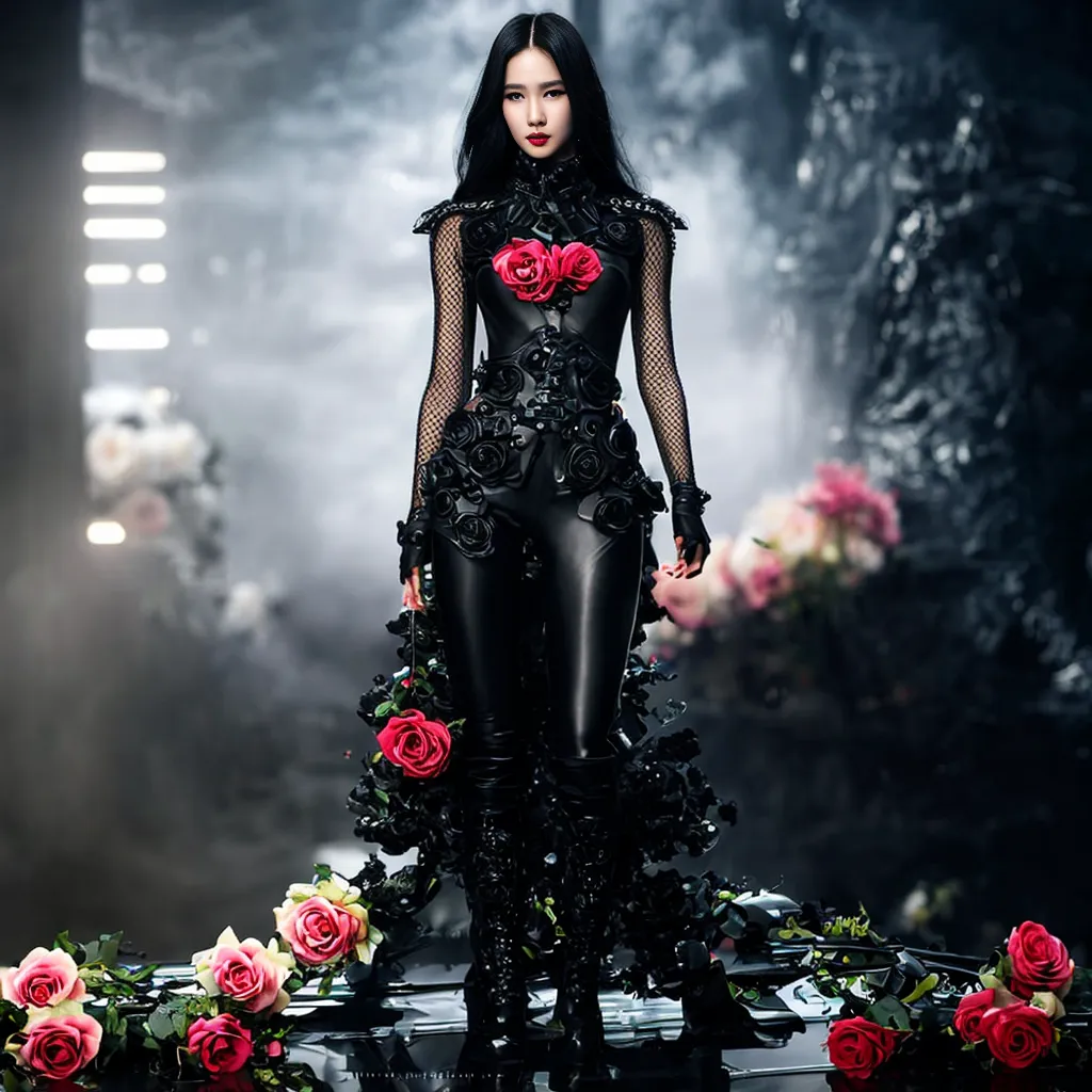 The image is a dark and moody fashion photograph. The model is wearing a black leather bodysuit with a floral design. The bodysuit is sleeveless and has a high collar. The model's hair is long, dark, and straight. Her makeup is pale with a dark lip. She is standing in a dark room with a spotlight shining on her. There are red roses scattered on the floor around her. The image is both beautiful and eerie.
