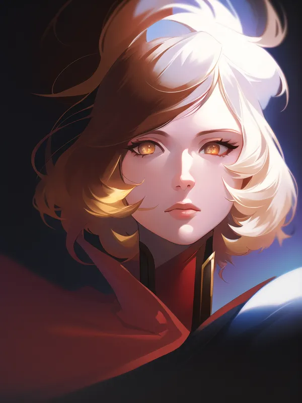 The image is a portrait of a beautiful woman with short blonde hair and golden eyes. She is wearing a red and gold outfit and has a confident expression on her face. The background is dark with a spotlight shining down on her. The image is likely concept art for a video game or anime character.