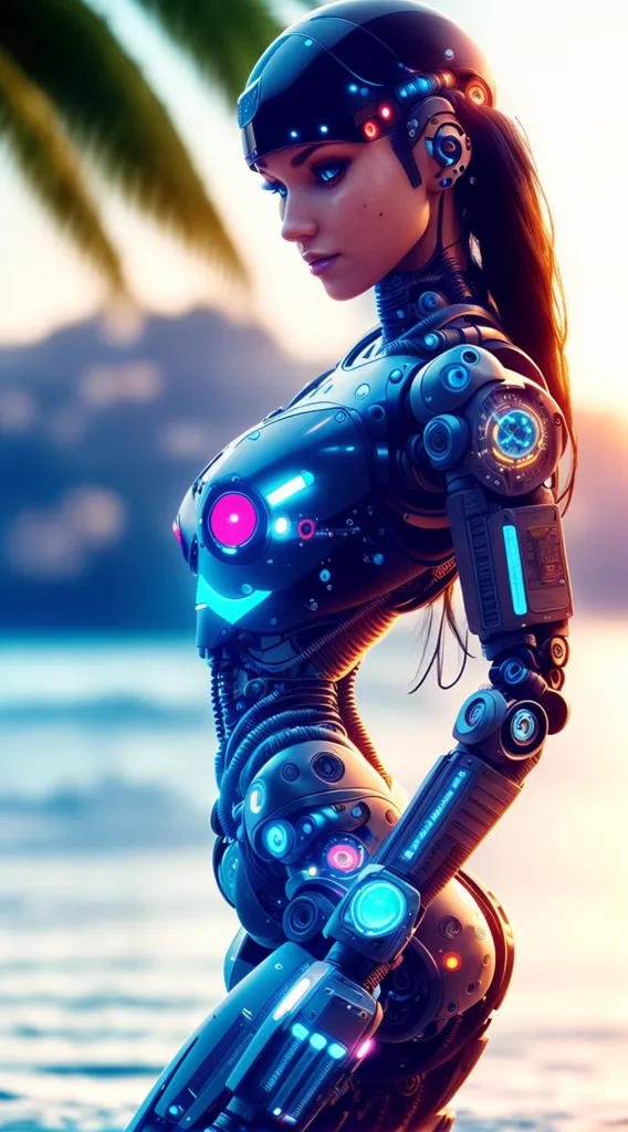 The image is of a beautiful female robot standing on a beach. She is wearing a blue and black swimsuit and has long brown hair. Her skin is pale and flawless. She has a confident expression on her face. The background is a beach with palm trees and the ocean. The sun is setting and the sky is a gradient of orange and yellow. The robot is standing on the sand with her feet in the water. She is looking to the side and her eyes are closed. The image is rendered in a realistic style and the details are very impressive.