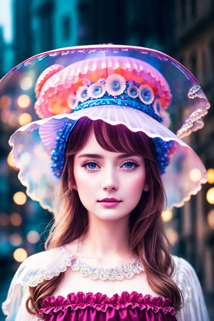 A imagem mostra uma jovem mulher usando um chapéu único e elaborado inspirado em uma medusa. O chapéu é feito de um material transparente e é decorado com tentáculos rosa e azuis. Os olhos da mulher são azuis e seu cabelo é longo e castanho. Ela está usando um vestido rosa com um colarinho branco. O fundo da imagem está desfocado e fora de foco.