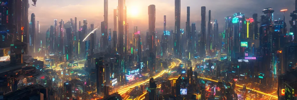 The image shows a futuristic city with skyscrapers and a lot of neon lights. The city is divided into two parts by a river. There are many cars and people on the streets. The sky is orange and the sun is setting. The city looks very crowded and busy. There are a lot of advertisements on the buildings. The image is very detailed and shows a lot of interesting things.