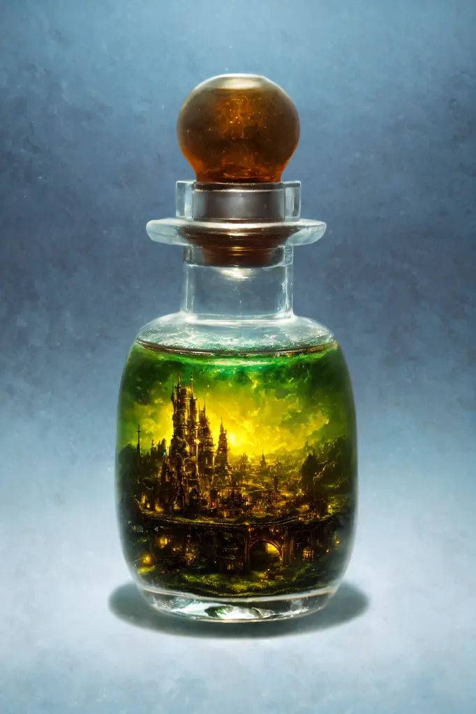 The image is a digital painting of a glass bottle containing a green liquid. Inside the bottle is a detailed painting of a city with tall buildings and a river running through it. The bottle is stoppered with a glass stopper and has a brown glass ball on top. The bottle is sitting on a blue table. The background is a dark blue gradient.