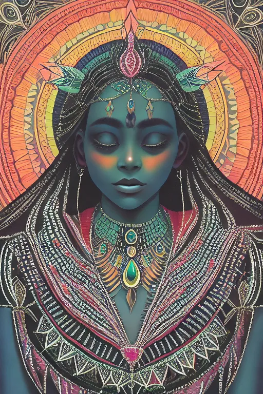 The image is a depiction of a woman with dark blue skin and green eyes. She is wearing a golden headdress and a colorful necklace. The background is a bright orange and the foreground is a dark blue. The woman's eyes are closed and she has a serene expression on her face. The image is surrounded by a golden frame with intricate designs.