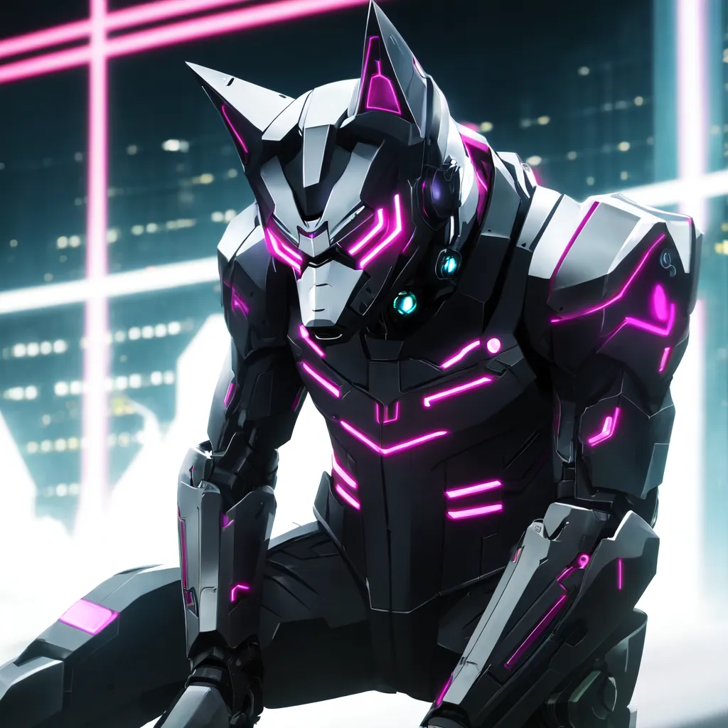 The image is a digital painting of a humanoid wolf-like creature. The creature is wearing a black and purple suit of armor and has glowing pink eyes. It is standing in a futuristic city and is surrounded by tall buildings. The creature is looking at the viewer with a snarl on its face.