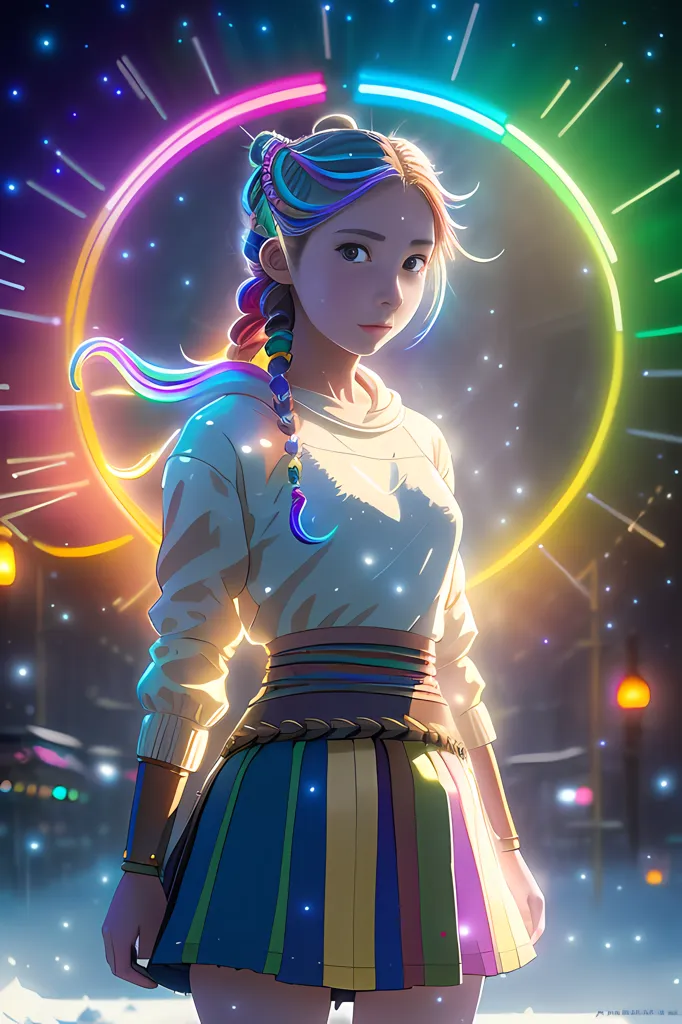 The image is a digital painting of a young woman standing in a colorful city at night. She is wearing a white shirt, a colorful skirt, and a brown belt. Her hair is long and flowing, and she has a braid on one side. She is also wearing a pair of headphones. The city is full of bright lights and colors, and there are fireworks in the sky. The woman is standing in the middle of the city, and she is looking at the viewer. She has a confident expression on her face, and she seems to be enjoying the city. The image is full of energy and excitement, and it captures the feeling of being in a big city at night.