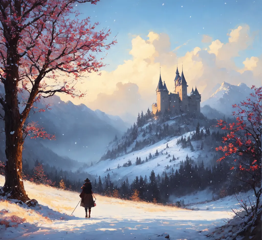 The image is a beautiful winter landscape with a castle in the distance. The castle is perched on a hill and surrounded by snow-capped mountains. The sky is a clear blue and the sun is shining brightly, casting a warm glow over the scene. There are a few trees in the foreground, their branches heavy with snow. A lone figure is walking through the snow towards the castle. The figure is wearing a long cloak and a hat, and they are carrying a staff. The image is full of detail and the colors are vibrant and lifelike. The artist has used a variety of techniques to create a sense of depth and atmosphere, such as the use of light and shadow and the positioning of the trees and mountains. The overall effect is one of beauty and tranquility, and the image invites viewers to imagine what it would be like to live in such a place.