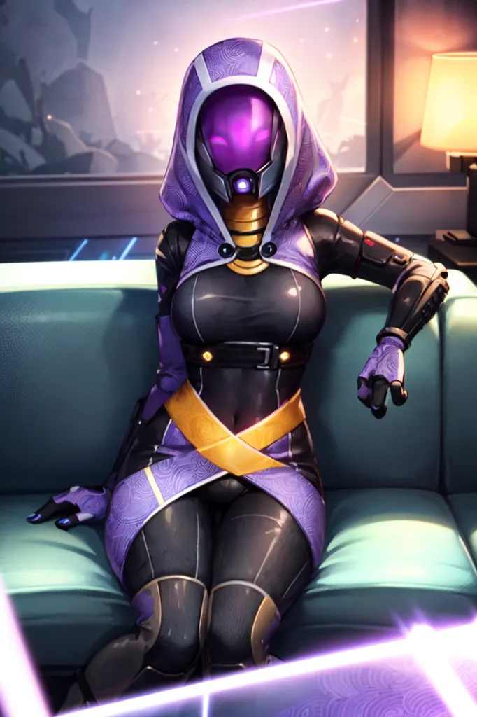 The image is of a purple alien woman sitting on a couch. She is wearing a black and purple bodysuit with a hood. The bodysuit has yellow and white accents. She is also wearing a pair of black gloves and boots. The woman is sitting with her legs crossed and her hands resting on her lap. She is looking at the viewer with a serious expression. The background of the image is a blurred spaceship interior .