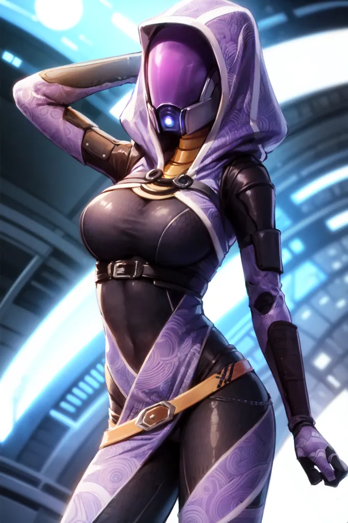 The image is of a tall, slender woman with purple skin and a large bust. She is wearing a black and purple bodysuit with a high collar and a hood. The bodysuit is made of a shiny material and has several belts and straps. She is also wearing a pair of black boots with high heels. The woman is standing in a futuristic setting with a bright light behind her. She is looking at the viewer with a confident expression.