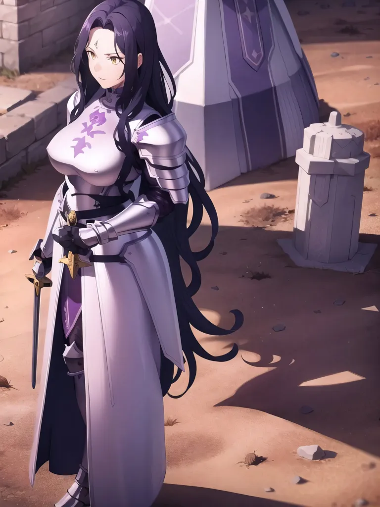 The image shows a female knight in white and purple armor. She has long black hair and purple eyes. She is holding a sword in her right hand. There is a stone structure behind her.