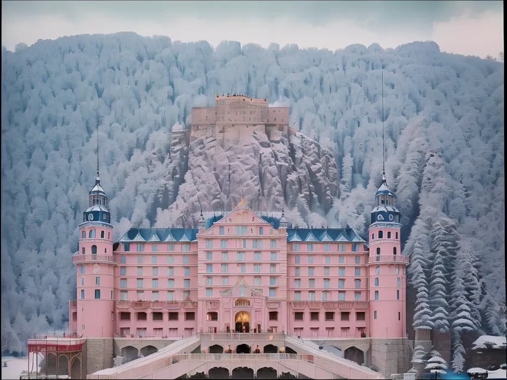 The image shows a large, pink hotel with a blue roof. The hotel is located in a snowy forest. There is a large mountain behind the hotel. The hotel has many balconies and terraces. There is a clock tower on the top of the hotel.