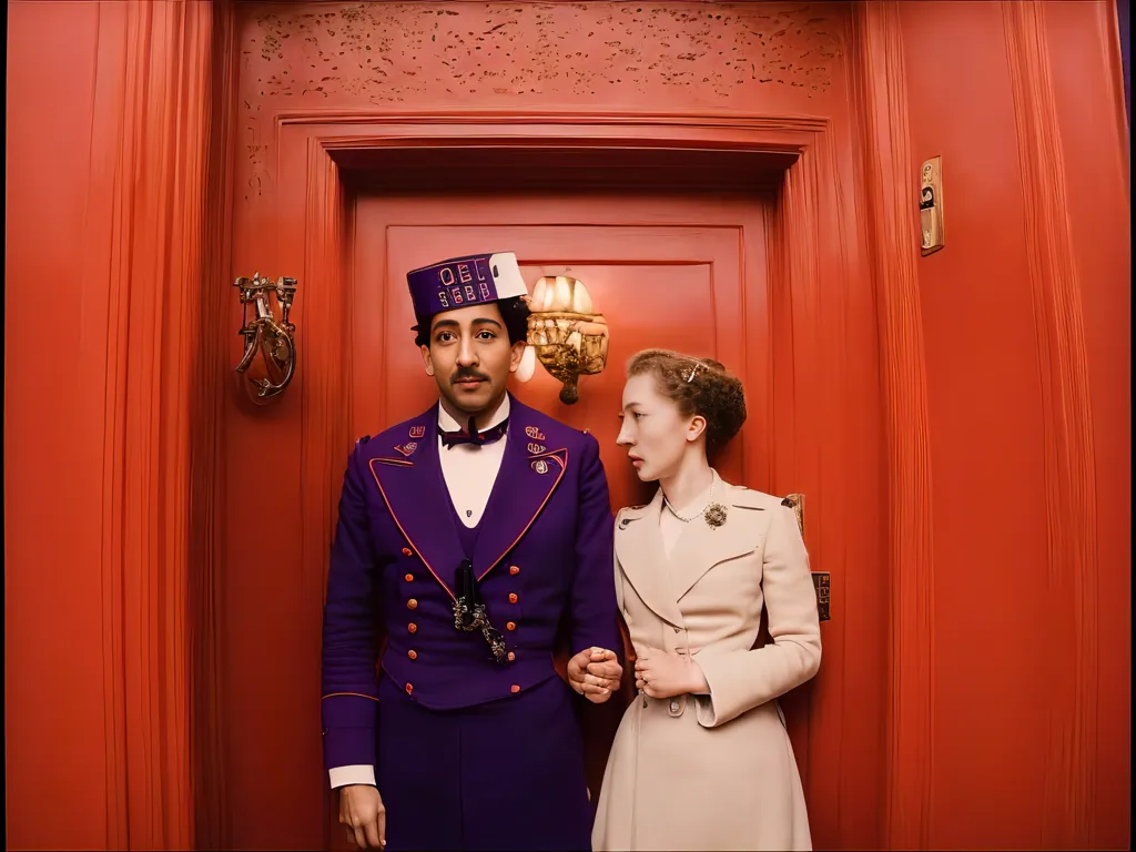 A imagem mostra uma cena do filme "The Grand Budapest Hotel". Na cena, o porteiro do hotel, M. Gustave (interpretado por Ralph Fiennes), está em pé diante de uma porta vermelha com um boné de camareiro na cabeça. Ele está vestindo um uniforme roxo com uma camisa branca e uma gravata preta. Ele tem uma expressão séria no rosto. Ele está de mãos dadas com uma jovem mulher. Ela usa um casaco branco e um vestido bege. Ela o olha com um leve sorriso no rosto. O fundo é uma parede vermelha com um acessório de iluminação.