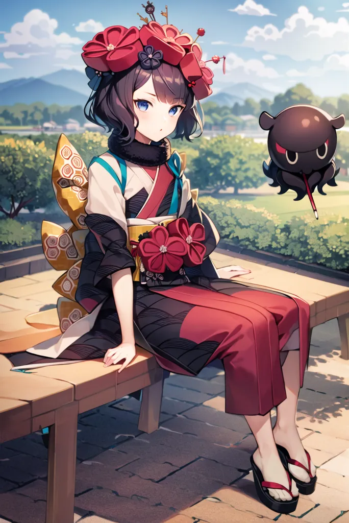 The image is of an anime girl with short black hair and blue eyes. She is wearing a traditional Japanese kimono with a red and white floral pattern. She is also wearing a pair of geta sandals and a large red bow in her hair. She is sitting on a bench in a park, and there is a small black creature with red eyes standing next to her. The background is a blur of trees and mountains.