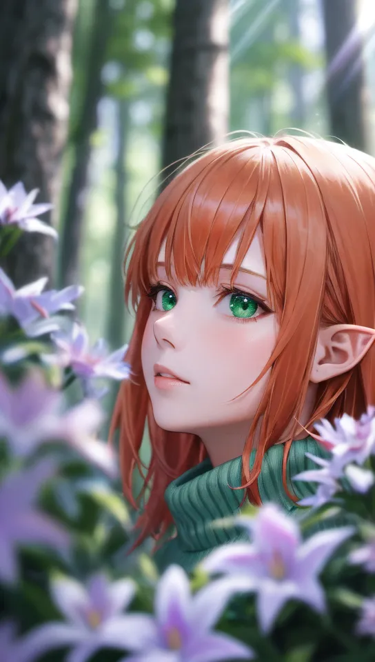 The image is a portrait of a young woman with orange hair and green eyes. She has pointy ears and is wearing a green turtleneck sweater. She is standing in a forest, surrounded by purple flowers. The background is blurry, but it looks like there are trees in the distance. The woman is looking to the right of the frame, at the flowers. She has a soft smile on her face. The image is very detailed, and the woman's skin looks very smooth. The colors are also very vibrant.