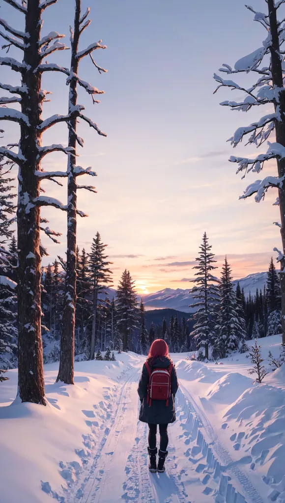 A imagem mostra uma pessoa caminhando afastando-se da câmera em um caminho nevado na floresta. A pessoa está usando uma mochila vermelha e um casaco preto. As árvores estão despidas e a floresta é densa. O sol está se pondo e o céu é um gradiente de laranja, rosa, roxo e azul. O chão está coberto de neve. As pegadas da pessoa são visíveis na neve. A imagem é pacífica e serena.