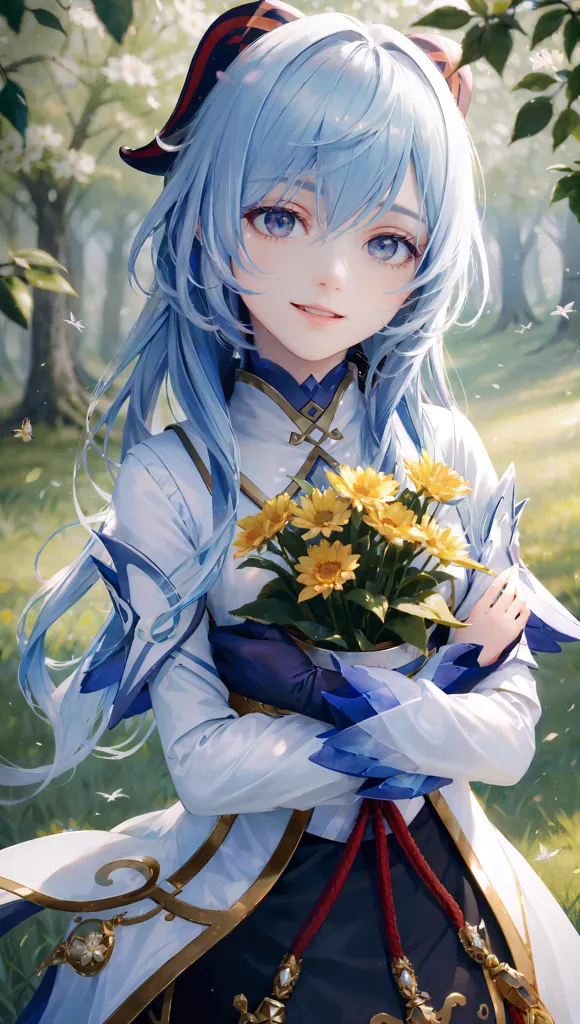 The image is of a young girl with long blue hair and blue eyes. She is wearing a white dress with a blue sash and a red and gold hat. She is standing in a forest, holding a bouquet of yellow flowers. The background is blurry, with green trees and white flowers. The girl is smiling and looks happy.