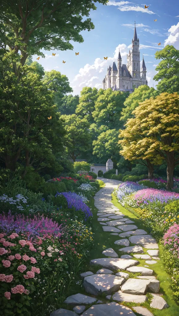 The image is a beautiful landscape of a castle. The castle is made of gray stone and has many towers and turrets. It is surrounded by a lush green forest and there is a long stone path leading up to it. The path is lined with colorful flowers and there are butterflies fluttering around. The sky is blue and there are some white clouds floating in it. The image is very peaceful and serene.