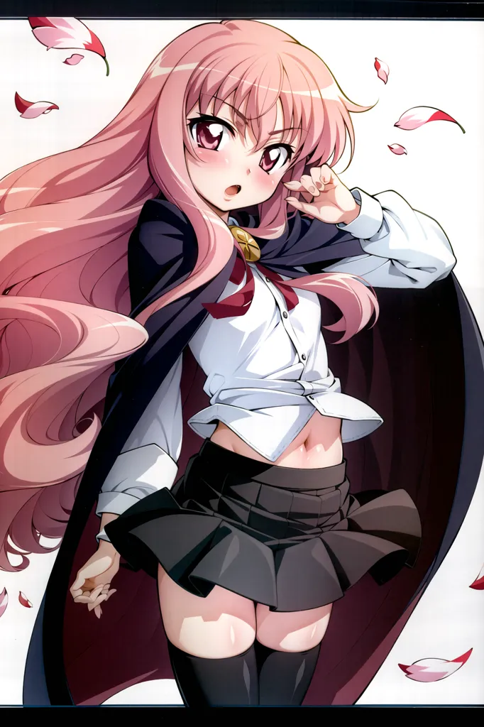 The image shows a young woman with pink hair and red eyes. She is wearing a white shirt, a black skirt, and a black cape. She has a surprised expression on her face and is looking to the right. There are pink flower petals falling around her.