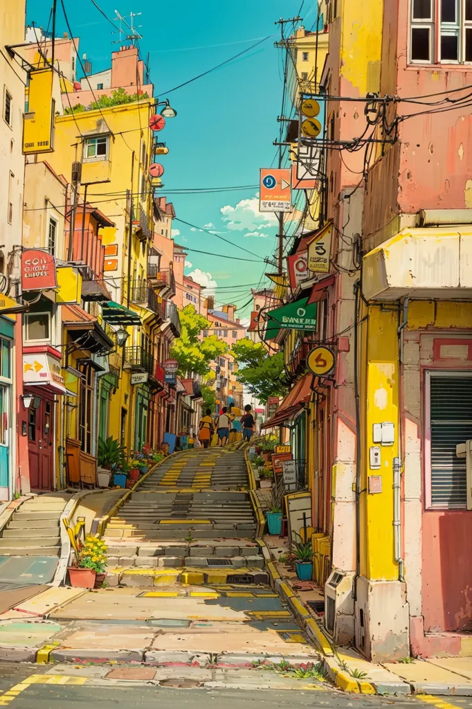 The image is a street scene in an urban area. The street is narrow and cobbled, and lined with colorful buildings. There are a few trees and plants in the street, and the sky is blue with some puffy white clouds. The buildings are mostly two or three stories tall, with a variety of shops and businesses on the ground floor. There are people walking up and down the street. The image is in a realistic style, and the colors are vibrant and bright.