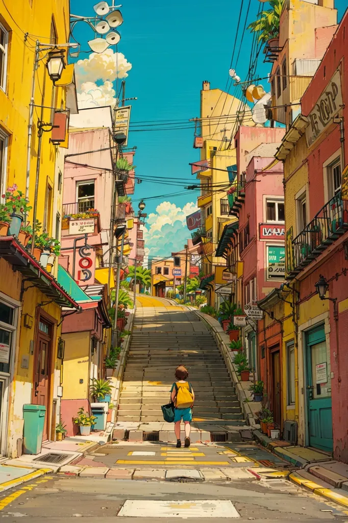 The image is a street scene in a Latin American city. The street is narrow and cobbled, and lined with brightly colored buildings. There are people walking on the street, and plants growing in pots on the balconies of the buildings. The sky is blue and there are clouds in the distance. The image is in a cartoon style, and the colors are vibrant and saturated.