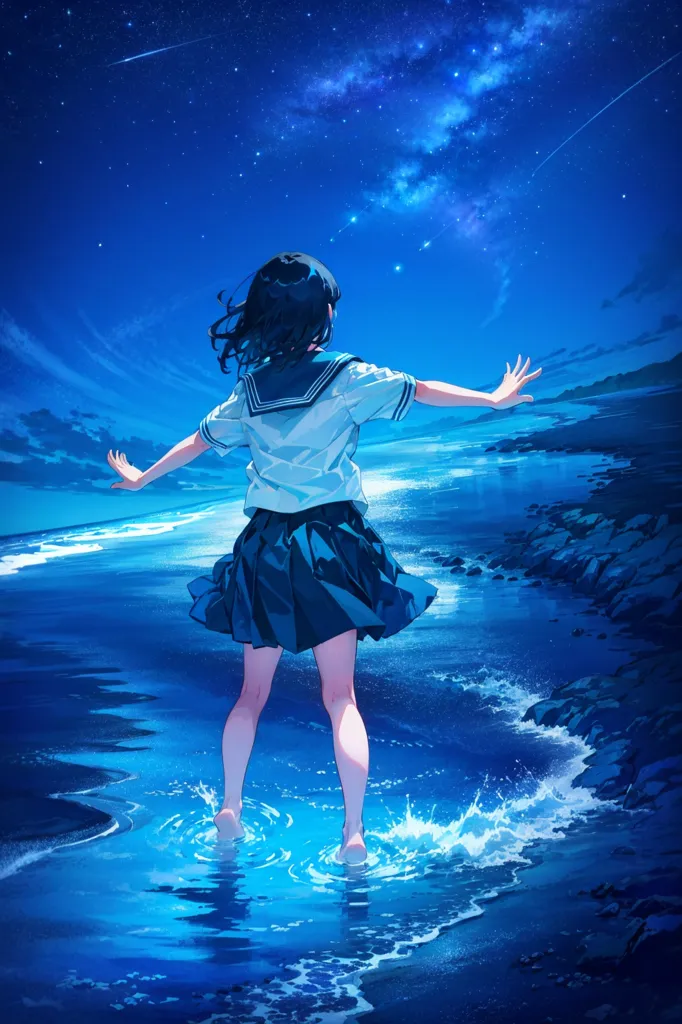 The image is of a girl standing on the beach at night. She is wearing a school uniform and is barefoot. Her arms are outstretched, and she is looking up at the sky. The sky is dark, and there are many stars. The water is calm, and the waves are gently lapping at the shore. The girl is alone, and she seems to be enjoying the peace and quiet of the night.