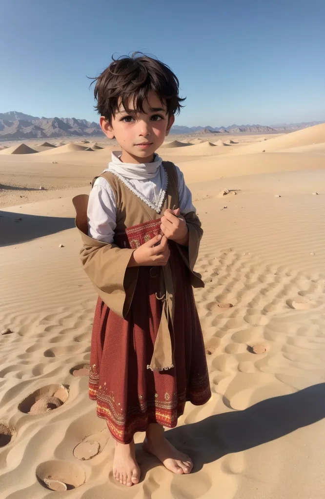 L'image montre un enfant pieds nus debout au milieu d'un désert. L'enfant porte une longue robe marron avec une chemise blanche en dessous. L'enfant a les cheveux courts et bruns et les yeux marrons. L'enfant regarde l'appareil photo. En arrière-plan, il y a des dunes de sable et des montagnes. Le ciel est clair et bleu. Le soleil brille.